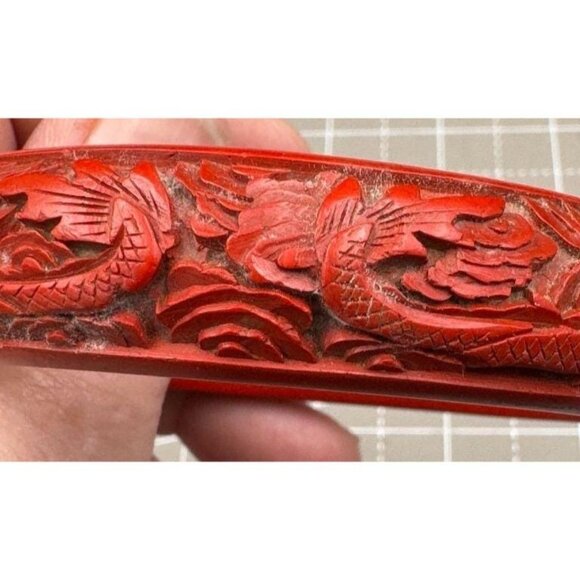 Vintage Hand-Carved Red Cinnabar Dragon Motif Bangle Bracelet - Picture 4 of 7